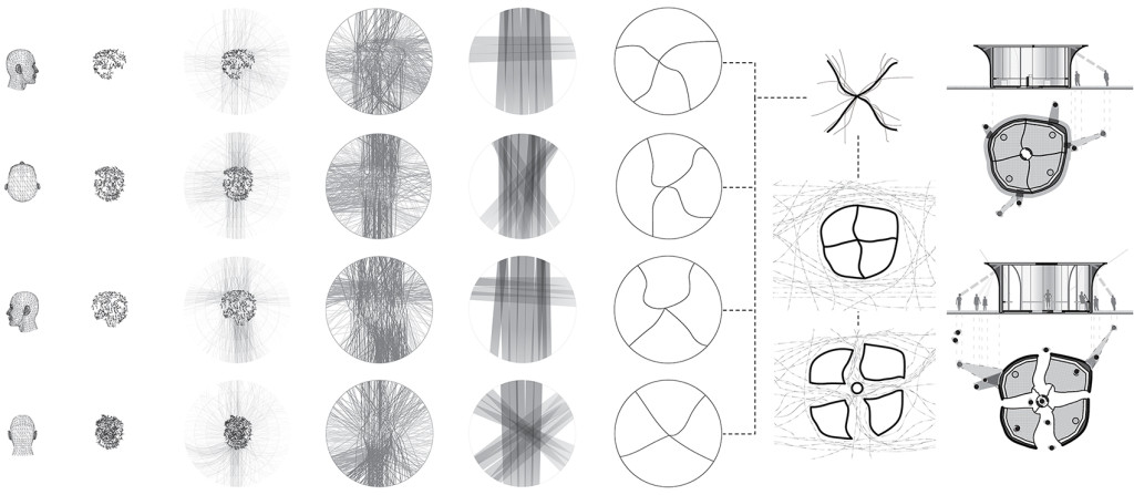 L-R: growth of hair over 3 months, main directions of hair growth, main razor paths, salon expansion following form of hair analysis, salon allowing interior for shaving and exterior police surveillance