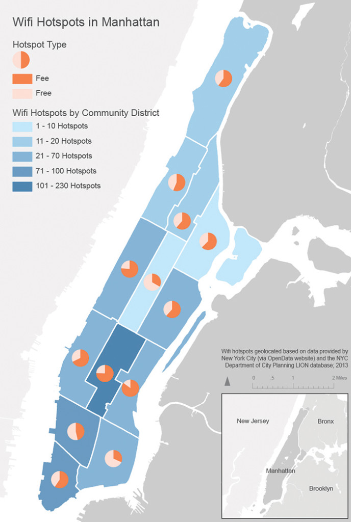 Paid and free wifi spots in Manhattan by community district