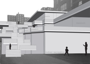 Perspective from recreation area showing accessibility of programs within proposal