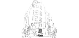 Warped drawing representing intimidating view of existing school building