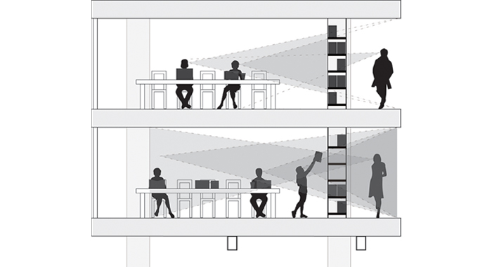 Detail section of reading rooms and stacks. Through rearrangement of academic materials, users not only glean new connections between subjects, but also create the perfect study environment for themselves