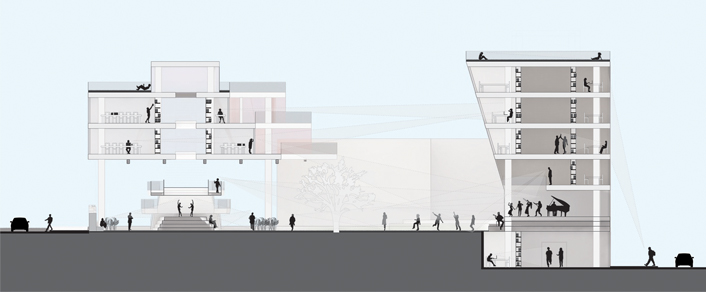 Cross section of proposal showing reading rooms, performance space, and panopticonal peer pressure system created