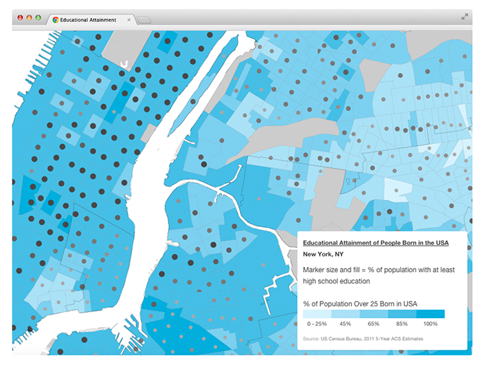 Interactive web map of investigation into educational attainment of domestic-born residents as compared to immigrants in New York City